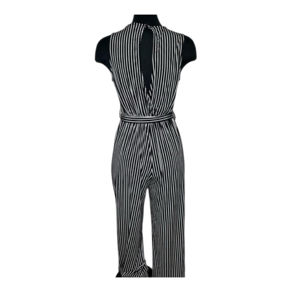 NWT Women's Monteau Navy & White Striped Tie Waist Sleeveless Jumpsuit S - Picture 4 of 14